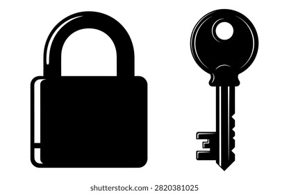 A black silhouette of a padlock and key isolated on a white background, representing security and access control.