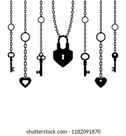 Black Silhouette Of Padlock And Keys With Chain