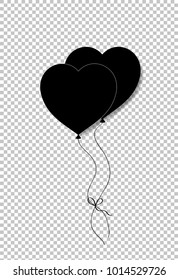 Black silhouette of pair bounded heart shaped helium balloons isolated on transparent background. Vector illustration, icon, logo, clip art, element, symbol of love for valentines or wedding design.