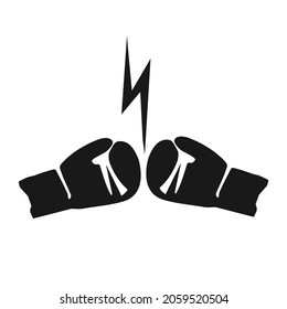 Black silhouette pair of boxing gloves punch to each other in each glove wrist. Vector