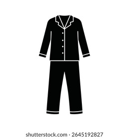 Black silhouette of pajamas on white background simple vector icon design. The image features a long sleeve shirt and pants.