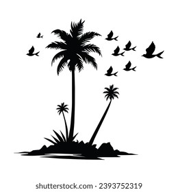 Black Silhouette Of Palm Tree With Birds Vector Illustration for wall decal vintage isolated