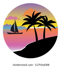 Black silhouette of a palm tree in a circle at sunset. Flat vector icon for design works. Icon with a tropical island