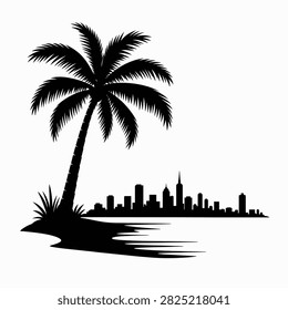 Black silhouette of palm tree and cityscape reflected in water