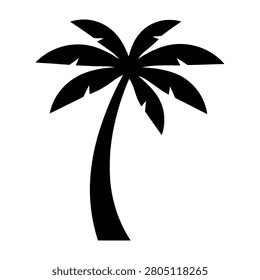 A black silhouette of a palm tree with its distinctive fanshaped leaves and curved trunk isolated on white