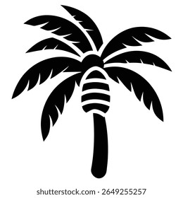 A black silhouette of a palm tree with large, fanned-out fronds and a segmented trunk against a white background.