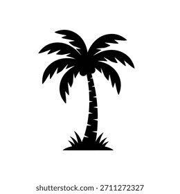 Una silueta negra de una palmera con Grandes frondas y un tronco texturizado se erige sobre blanco.