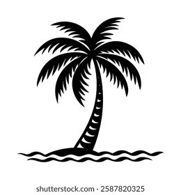 A black silhouette of a palm tree leaning over the beach, with sweeping fronds and the ocean waves gently lapping the shore