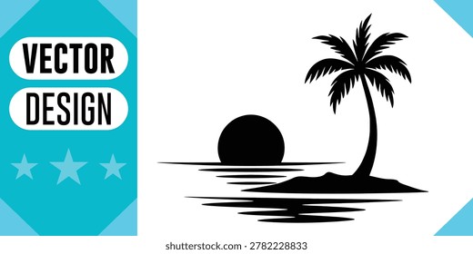 Black silhouette of a palm tree on a tropical island with a setting sun over the ocean