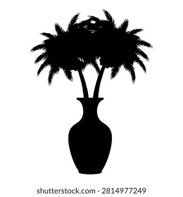 Black silhouette of a palm tree placed inside a vase, emphasizing natural shape and tropical theme, on a plain white background.