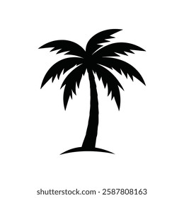 a black silhouette of a palm tree with a slender trunk and spiky, expansive fronds, set against a white background. The design is clean and minimalist, evoking a tropical vibe