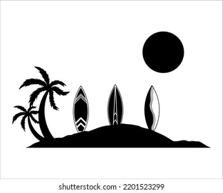 Black Silhouette of Palm Tree with Surfboard Illustrations 