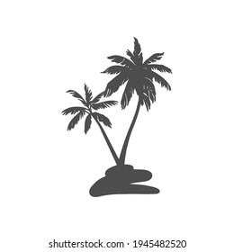 Black silhouette of a palm tree. Tropical leaves. Coconut palm, exotic lush sketch or hawaii coco palms. Vector illustration. For design of t-shirts, cards, invitations in retro style