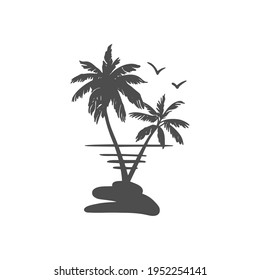 Black silhouette of a palm tree. Tropical leaves. Coconut palm, exotic lush sketch or hawaii coco palms. Vector illustration. For design of t-shirts, cards, invitations in retro style