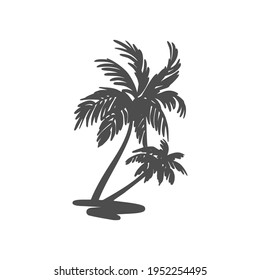 Black silhouette of a palm tree. Tropical leaves. Coconut palm, exotic lush sketch or hawaii coco palms. Vector illustration. For design of t-shirts, cards, invitations in retro style