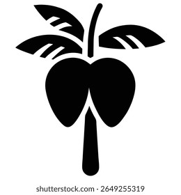 Uma silhueta preta de uma palmeira com dois cocos e várias folhas grandes contra um fundo branco.
