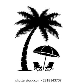 Black silhouette of a palm tree with two beach chairs and an umbrella, evoking a tropical vacation scene on a sunny beach.