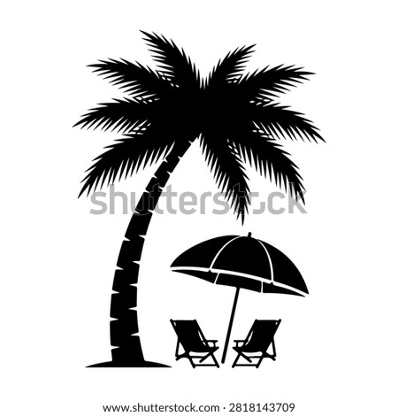 Black silhouette of a palm tree with two beach chairs and an umbrella, evoking a tropical vacation scene on a sunny beach.