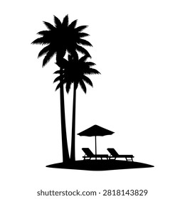 Black silhouette of palm trees, beach chairs, and umbrella on a tropical beach scene, emphasizing relaxation and vacation atmosphere.