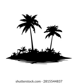 Black silhouette of palm trees on a small island, emphasizing tropical scenery and natures tranquility, perfect for travel or vacation themes.