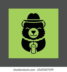 A black silhouette of a panda bear wearing a hat and holding a microphone on a green background