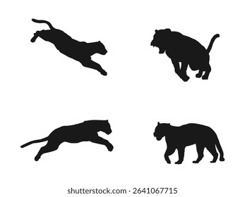 Black silhouette of a panther. Silhouette of Jaguar, Leopard, Lion, Panther, Cheetah, and Tiger logo design. Simple black silhouette of a leopard facing forward.