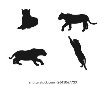 Black silhouette of a panther. Silhouette of Jaguar, Leopard, Lion, Panther, Cheetah, and Tiger logo design. Simple black silhouette of a leopard facing forward.