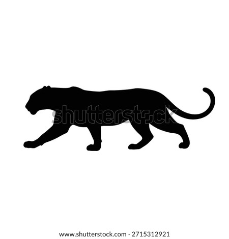 A black silhouette of a panther in a walking position on a plain white background, showcasing its sleek body and tail.
