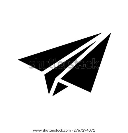 A black silhouette of a paper airplane is centered on a white background