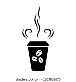 Black silhouette of a paper cup with hot coffee. Aroma effect. Vector illustration on white background. Isolated object.