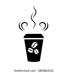 Black silhouette of a paper cup with hot coffee. Aroma effect. Vector illustration on white background. Isolated object.