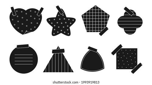 Black silhouette paper sticker set. Memo sticker with different linear, cross, dotted and grid patterns. Various shapes notepad of reminder messages or organizer. Isolated on white vector illustration