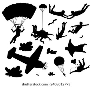 Black silhouette of parachute jump, wingsuit flying, airplane. Cartoon skydiving lovers parry in the air vector illustrations set. Outdoor extreme activities, airdrop isolated on white background