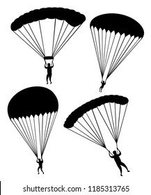 Black silhouette. Parachutist in flight. Set of skydivers. Flat vector illustration isolated on white background.