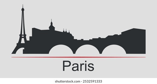 Black silhouette of Paris city skyline, France, emphasized by red line with text. Vector on a gray background