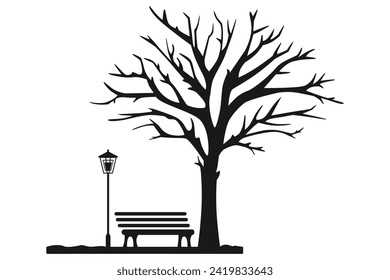 Silueta negra de un parque. Un banco con una linterna bajo un gran árbol. Patrón monocromo gráfico plano vectorial para diseño de impresión y web.