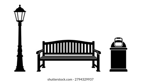 Black Silhouette Of A Park Bench Lamp Post And Trash Can On White Background