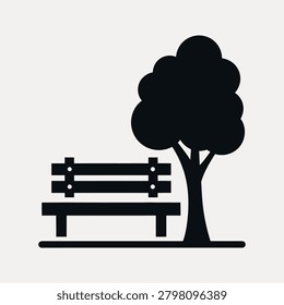 Black silhouette of park bench and tree white background