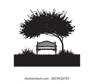 Black silhouette of a park bench under a large leafy tree with grass and ground on white background Keywords: park bench, tree