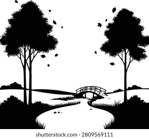 Black silhouette of a park landscape with trees and a bridge