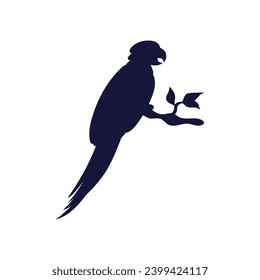 Black silhouette of black parrot of Amazon jungle or Caribbean birds, vector illustration isolated on white background. Exotic parrot or Ara bird sitting on stick.