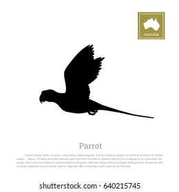 Black silhouette of a parrot on a white background. Animals of Australia. Vector illustration