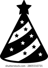 Black silhouette party hat featuring decorative stars and a bold festive design, symbolizing birthdays, celebrations, holidays, and special occasions. Ideal for event invitations, party supplies, greeting cards, promotional materials, and festive branding projects.