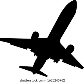 Black silhouette of a passenger airplane on a white background.