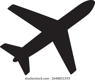Black silhouette of a passenger airplane viewed from above in a simple flat design suitable for travel or aviation related designs