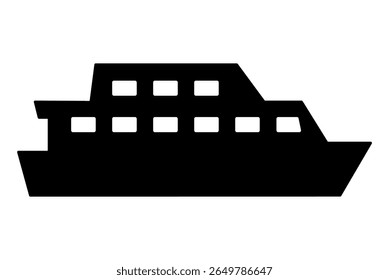 Black silhouette of passenger ferry boat on white background. Clipart image isolated on background.
