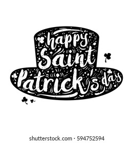 Black silhouette Patrick hat on white background. Calligraphy Happy St. Patrick's day, design element, icon, banner. Vector illustration.