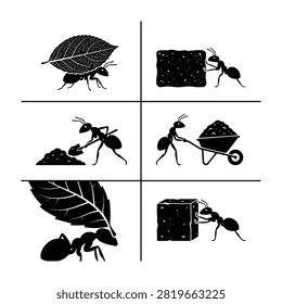 Black silhouette pattern of leafcutter ants carrying large leaf fragments and rectangular food crumbs. Symbolizing hard work, teamwork, and nature. Isolated on white background.