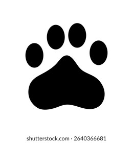 Black silhouette of a paw print with four toes and pad. Flat vector icon template for pet care, animal identity, or veterinary design.

