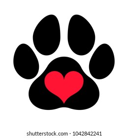 Black silhouette of a paw print with a heart symbol inside, isolated.